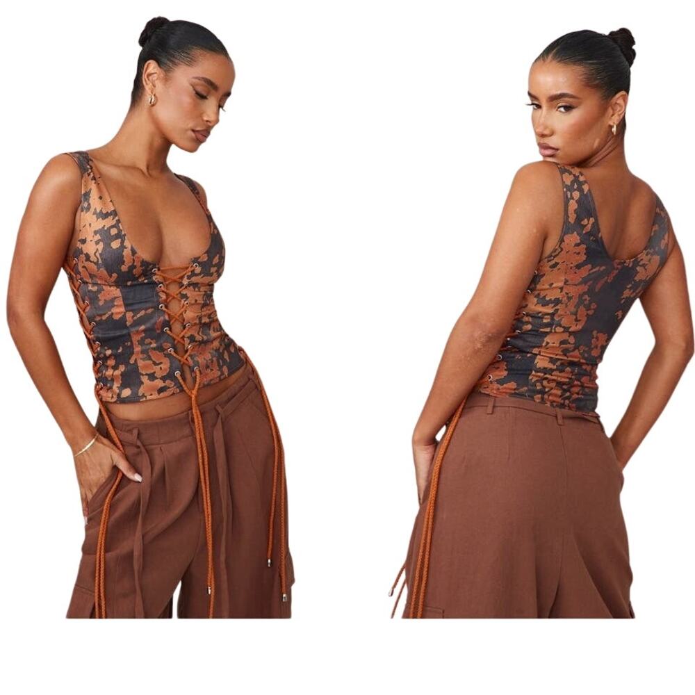 PrettyLittleThing Brown Black Cow Print Woven Scoop Neck Lace Up Cropped Top 12 - Picture 2 of 16
